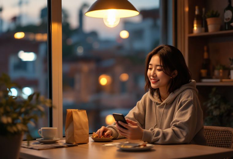 집 소파에 앉아 휴대폰으로 신청하는 모습